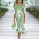  MQTIME  -  Elegant Summer Commuting Long Dress Flower Print Off Shoulder Women's A-line Dress New Fashion Hollow High Waist Wrap Hip Dress
