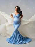 MQTIME  -  Blue Mermaid Maternity Dresses for Photo Shoot Off Shoulder Pregnancy Maternity Gown Lace Appliqued  Babyshower Dress Customized