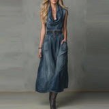 MQTIME  -  Casual Solid Holiday Women's Dress Vintage Swinging Collar Pocket Denim Dress New Sleeveless High Waisted Summer Long Dress