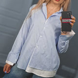 MQTIME  -  Women Plus Size Vintage Casual Long Sleeve T-Shirt 2024 New Fake 2 Pics Patchwork Stripe Spring Tops White Blue Solid Streetwear