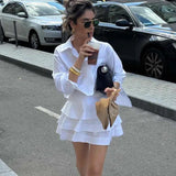 MQTIME  -  White Shirt and Cake Skirt Set for Women Set with Turn Down Collar Long - Sleeve Design Shirt and High Waisted Short Skirt