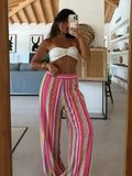 MQTIME  -  Rainbow Color Knitted Striped Pants Women Wide Leg Hollow Out Striped Loose Trousers 2025 Autumn Fashion Vacation Street Pants