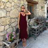MQTIME  -  Sexy Spaghetti Strap Bodycon Ruched Summer Dress Women's Long Dress Fashion Elegant V-neck Holiday Summer Party Dress