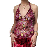 MQTIME  -  Summer Sexy Sequin Embroidery Glitter Tops Women V Neck See Through Sleeveless Backless Tops Female Lady Solid Party Streetwears