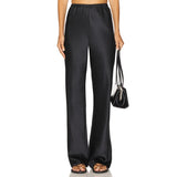 MQTIME  -  Women's Spring Summer Silk Satin Long Pants Elastic High Waist Solid Color Elegant Loose Fit Silky Wide Leg Trousers