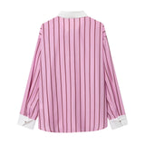 MQTIME  -  Vintage Pink Striped Women Casual Single Breasted Shirts Loose Turn-down Collar Shirt Fashion Spring Female Shirts