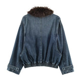  MQTIME  -  Women Denim Jacket Autumn Winter Fur Collar Long Sleeve Women's Coat Zipper Loose Female Casual Outerwear Retro Lady Tops ﻿