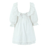 MQTIME  -  Summer New Princess Dress Square Collar Cotton A-line White Dress Embroidered Lace Mini Dress Open Back Vestidos