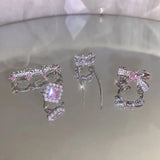 Mqtime Korean Delicate Pink Crystal Bowknot Clip Earrings For Women  Elegant Pearl Zircon No Piercing Cartilage Ear Jewelry