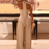 MQTIME  -  Women Jumpsuit Summer Fashion Solid Sleeveless Halter Neck Lace Up Backless Nipped Waist With Pockets Wide Legs Rompers
