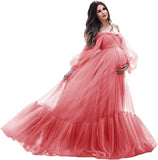 MQTIME  -  Puffy Sleeve Maternity Dress Tulle Robe With Underskirt for Photoshoot Off Shoulder Pregnancy Baby Shower Gown