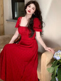 MQTIME  -  Summer New Dot Print Women Slim Red Dress French Vintage A-line Lady Clothes For Eve Prom Casual Short Sleeve Fiesta Maxi