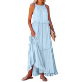 MQTIME  -  Women Boho Solid Color Dress Sleeveless Ruffled Maxi Vestidos Loose Fit Straight Hippie Dresses Layered Princess Robe