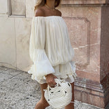 MQTIME  -  Vacation Off Shoulder Romantic Ruffle Mini Dress Women Summer Skinny Pleated Beach Dress Elegant Long Sleeve Vestidos