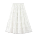 MQTIME  -  Femme Lace Skirts High Waist Layered Cake Skirts Korean Style Fashion Pleated Maxi Skirts Cotton Sweet White Vestidos