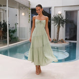 MQTIME  -  Beach Dress Solid Color Strapless A-line Maxi Dress Spliced Vacation Long Layered Dress Mujer Vestidos Boho Sundress