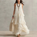MQTIME  -  Sleeveless Tiered Ruffle Maxi Dress Round Neck Crinkle Flowy Loose Bohemian Casual Layered Swing Dress for Summer Women