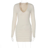 MQTIME  -  Women Solid Basic Ruched Bodycon Mini Dress Sexy V Neck Long Sleeve Peach Hips Slim Party Clubwear Autumn Casual Streetwear