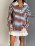 MQTIME  -  Women s Striped Long Sleeve T-shirt with Turn-down Collar Perfect for Casual Daily Wear in the Fall Season Streetwear Style