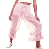 MQTIME  -  Women Ruffle Long Bloomers Y2K Sheer Ruffle Lace Patchwork Drawstring Pettipants Cropped Flare Slips Pants Streetwear