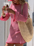 MQTIME  -  Women Bodycon Knitted Dress Striped Round Neck Long Sleeve Casual Fall Short Dress