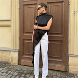MQTIME  -  Women Satin T-Shirt Vest Turtleneck Sleeveless Fashion Slim Top Streetwear Solid Commute Sexy Irregular T-Shirt Tank Top Female