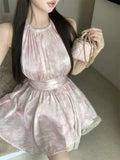 MQTIME  -  Pink Tie Dye Dresses Heavy Industry Diamond Encrusted Neck Dress Women Summer Sleeveless Temperament Short Vestido