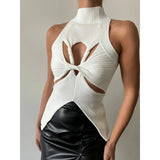 MQTIME  -  Women Summer Sleeveless Knitted Tank Top High Neck Cutout Hollow Out Design Slit Front Slim Fit Knitwear Sweater Vest