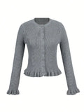 MQTIME  -  New Korean Round Neck Button Knitted Cardigan Long Sleeve Lace Top Coat Simple Elegant Autumn Women's Clothing Grey Soft Sweater