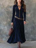  MQTIME  -  Elegant Turn-down Collar Button Long Maxi Dress Woman Sexy Slim A-Line Dress Vintage Long Sleeve Spring Autumn Dress And Belt