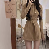 MQTIME  -  Suede Suit, Women's Autumn and Winter Waist Slim Fit, Hot Girl High-end Stand-up Collar Jacket, Thin Shorts Two-piece Set