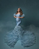  MQTIME  -  Amazing Dusty Blue Maternity Dress for Photoshoot Lush Ruffles Pregnancy Babyshower Bridal Dress for Photography