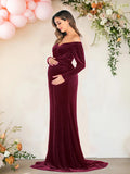  MQTIME  -  Velvet Maternity Off Shoulder Trailing Fitted Gown Maxi Photography Dress for Baby Shower Photo Props Dress