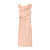  MQTIME  -  Women's Solid Color Sleeveless Asymmetrical Maxi Dress Slim Fit Sexy Pleated Chic Summer Fashion Holiday Style with Slit