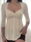  MQTIME  -  Summer Temperament Solid V Neck Half Sleeve Lace Patchwork Folds Casual Women's T-shirts