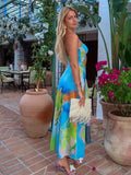 MQTIME  -  Sexy Tie-dye Bandage Knot Halter Long Dresses Summer Women Chic Cut Out Sleeveless Sequin Dresse Beach Vacashion Y2k Robes