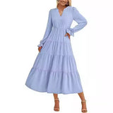  MQTIME  -  Autumn Long Dress Long Sleeve V Neck Layered Ruffle Edge Elegant A Line Cocktail Party Cw12909