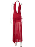 MQTIME  -  Mesh Sexy Deep V Neck Halter Maxi Dress Women Thigh Split Elegant Backless Sleeveless Off-shoulder Club Party Dress