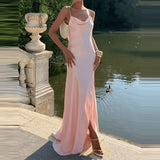 MQTIME  -  Female Summer Party Evening Robes Elegant Split Women's Dresses Solid Square Collar Backless Sleeveless Long Dress Vestidos