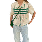 MQTIME  -  New Trendy Womens Striped Knit Two Piece Set Lapel Hollow Out Short Sleeve Top with Skirt Fashion Summer Outfit