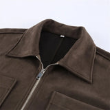 MQTIME  -  Retro Lapel Collar For Women Brown Suede Full Sleeve Big Pocket Zip Short Coat 2025 New Lady Autumn Chic High Street Jackets