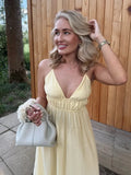 MQTIME  -  Elegant Yellow Elastic High Waist Maxi Sling Dress Women Sleeveless Off Shoulder Backless Deep V-neck Robes 2025 New Street Wear