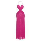 MQTIME  -  Ruched Cross See Through Mesh Maxi Dress Women Sexy Lace Up Halter Backless Bodycon Night Clubwear Holiday Party Long Robe