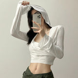 Mqtime Streetwear Solid Color All Match Hooded Long-sleeved T-shirt Women Summer New Korean Pleated Sexy Slim Thin Crop Tops