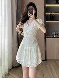 MQTIME  -  2024 Summer French Elegant Women's Dresses with Lace Romantic Folds Slim Lantern Sleeve Party Short Dress Office Lady Clothing