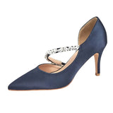 MQTIME  -  Sexy Side Cut Out High Heels Pointed Toe Satin Strap Rhinestone Chain Women Dress Sandals