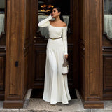 MQTIME  -  Slash Neck Solid Women Dresses Split Pleated A Line Female Long Dress 2024 Elegant Fashion High Waist Slim Party Lady Vestidos