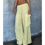 MQTIME  -  Women's Y2K Cargo Long Pants Solid Color Drawstring Elastic Low Waist Wide Leg Trousers with Multi Pockets Streetwear