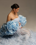 MQTIME  -  Light Blue Strethcy Long Women Maternity Dress For Photoshoots With Handmade Flower Jacekt 2 Pieces Long Women Robe Maxi Dress