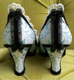 MQTIME  -  Mint Blue Lace Round-Toe Pumps Black Satin Bows White Lace Trim Low Block Heel Sweet Style Footwear for Cosplay Tea Party Looks